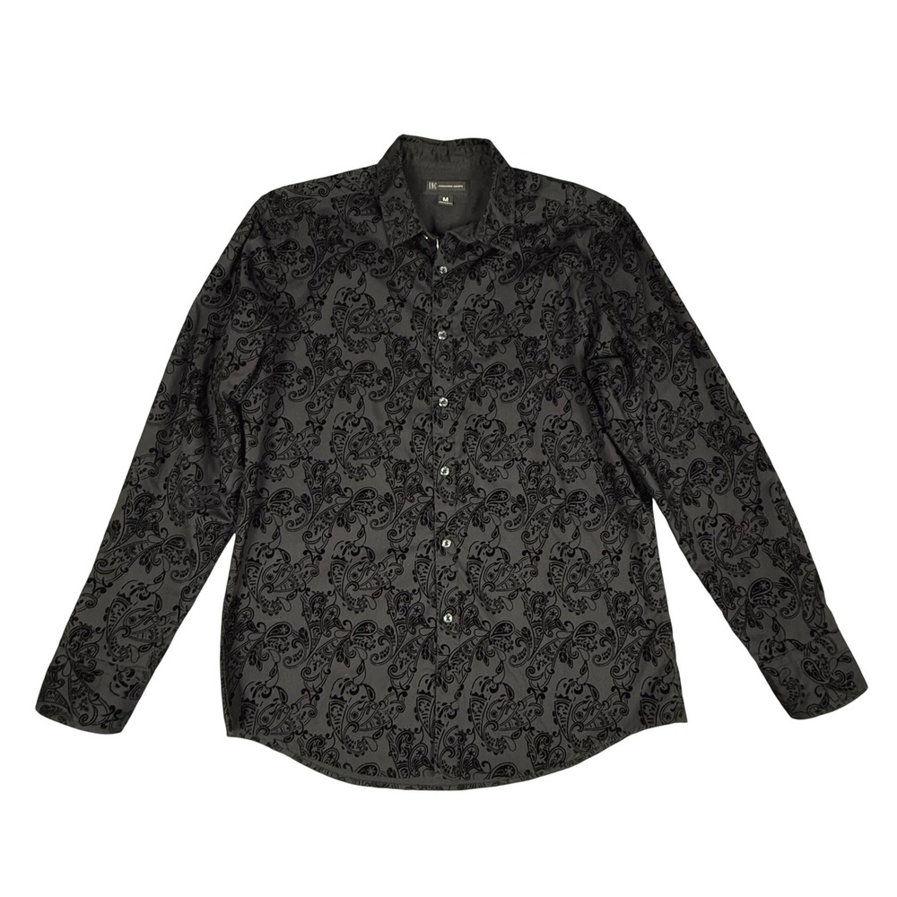 INC International Concepts Black Flocked Paisley Button Down Shirt Size Medium